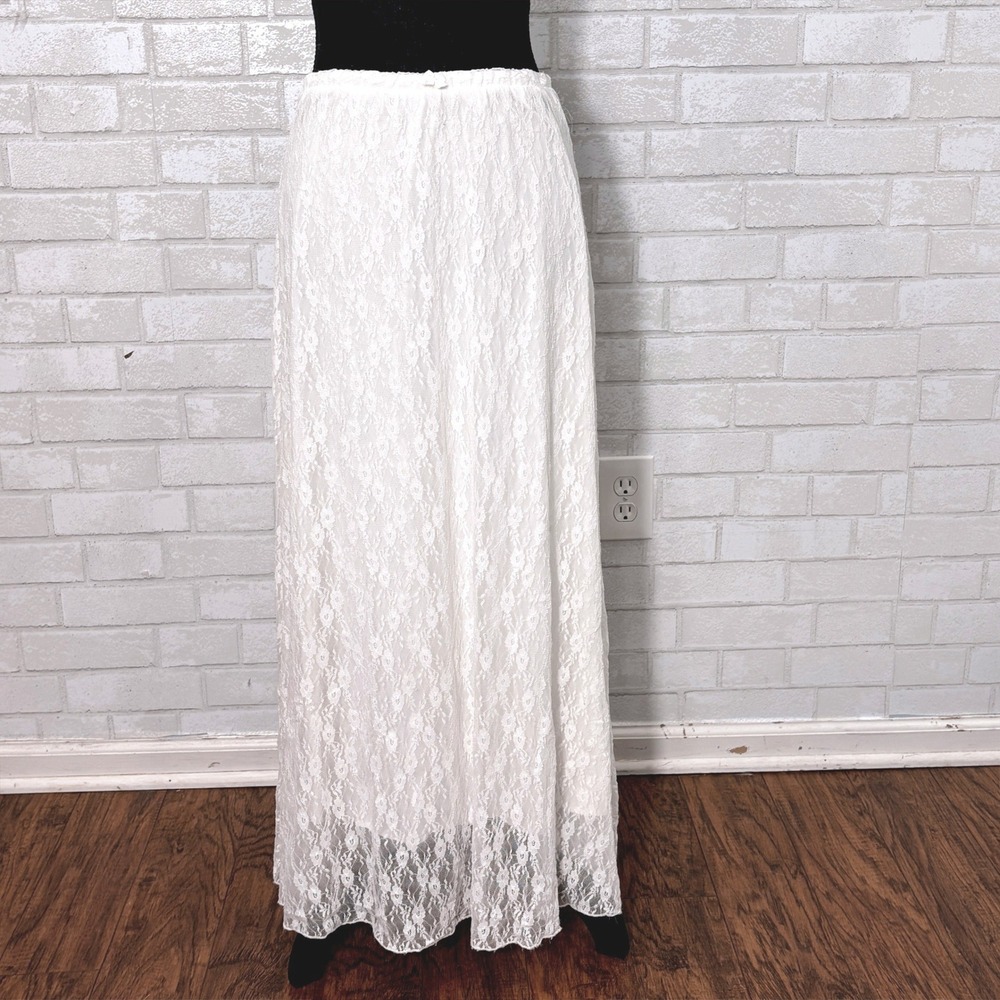 Vintage White Lace Maxi Slip Skirt Size Large Bow Coquette Romantic Euro Summer
